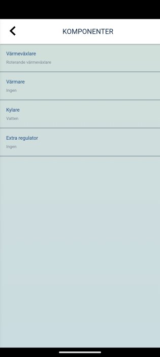 Skärmdump av en mobilapp med lista över komponenter som värmeväxlare och kylare, på svenska.