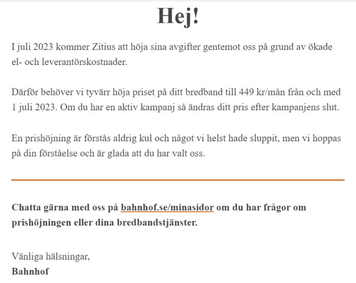 Ett brev som informerar om en prishöjning på bredband till 449 kr/mån från och med juli 2023.