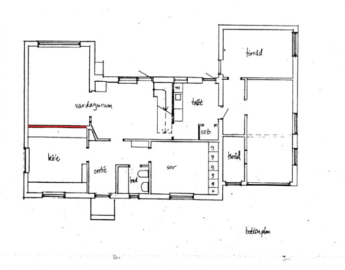 Ritad planlösning av en bostad med etiketterade rum som vardagsrum, kök och sovrum.