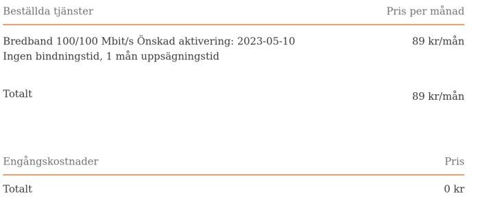 Fakturadetaljer för bredbandstjänst, 100/100 Mbit/s, ingen bindningstid, aktivering önskas 2023-05-10, månadskostnad 89 kr.