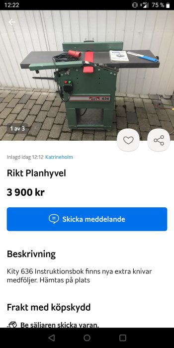 Grön hyvelmaskin, Kity 636, kablar, instruktionsbok, till salu, utomhus, stenläggning, mobilskärmdump.