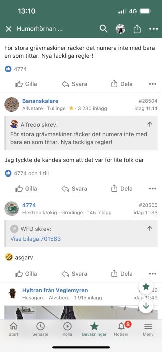 Skärmdump av en mobiltelefon som visar en forumtråd med kommentarer, reaktioner och en bildbilaga.