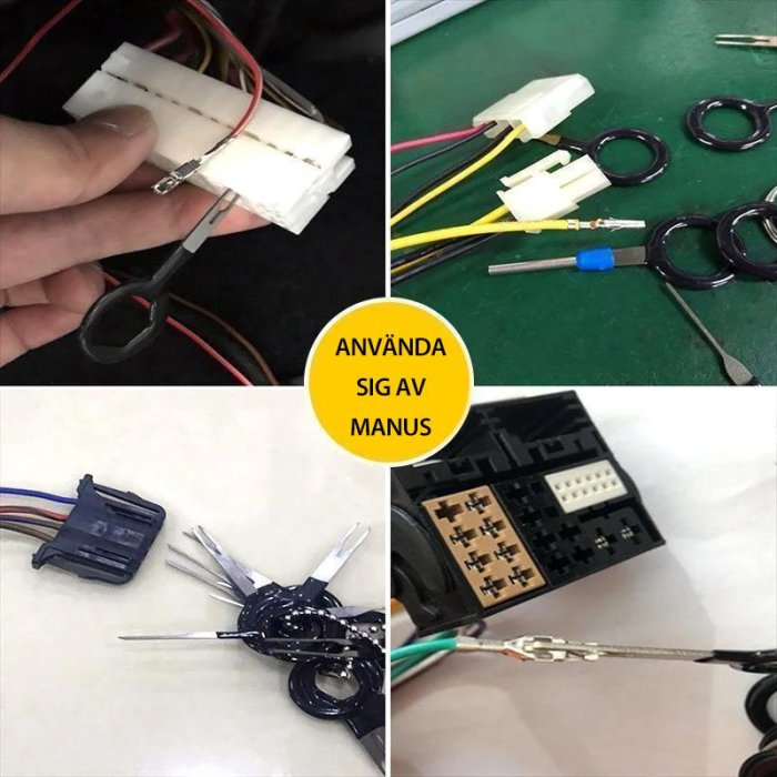 Elektronikkomponenter, kablar, kontakter, klämmor, monteringsarbete, verktyg, instruktion på svenska "ANVÄNDA SIG AV MANUS".