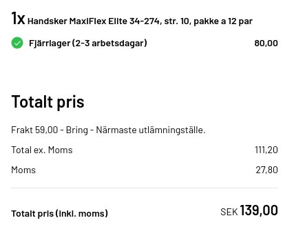 Det är en skärmdump av en faktura för ett par MaxiFlex Elite-handskar, totalt pris 139 SEK, inklusive moms och frakt.