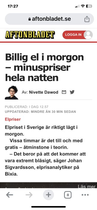 Skärmdump av en nyhetsartikel på Aftonbladets webbplats om låga elpriser i Sverige under nattetid.