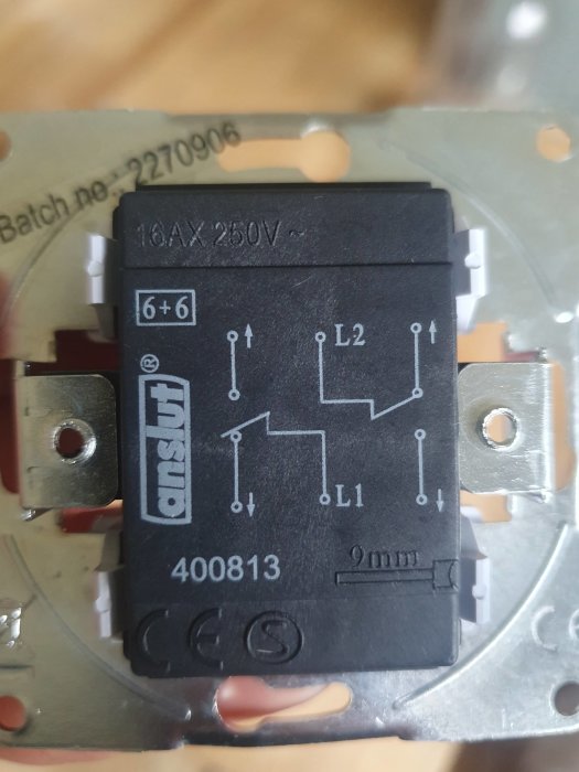 Elektrisk väggströmbrytare med skruvanslutningar, märkning 16AX 250V, svart plasthus, kretsschema, CE-märkning.