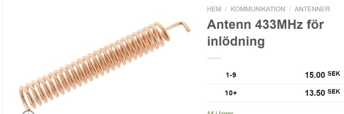 Spiralformad kopparantenn, 433MHz, för inlödning, försäljningswebbsida, prisinformation presenterad i SEK.