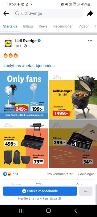 Skärmdump av Lidl Sverige Facebook-sida visar reklam för fläktar, grillar, grilltillbehör med priser och hashtag.