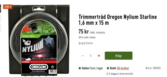 Oregon Nylimum Starline trimmertråd, 1,6 mm, 15 m, svart rulle, grön bakgrund, pris: 75 kronor.