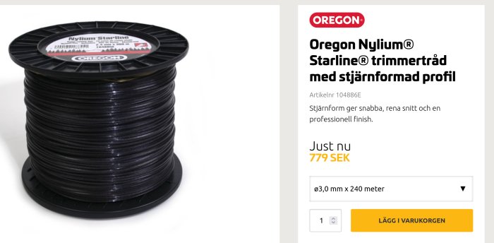 Oregon Nyltrimmertråd, stjärnformad profil, 3,0 mm, 240 meter, svart, 779 SEK.