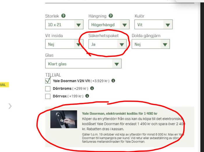 Skärmdump av webbsida för dörrval, med säkerhetspaket-val och reklam för elektroniskt kodlås.