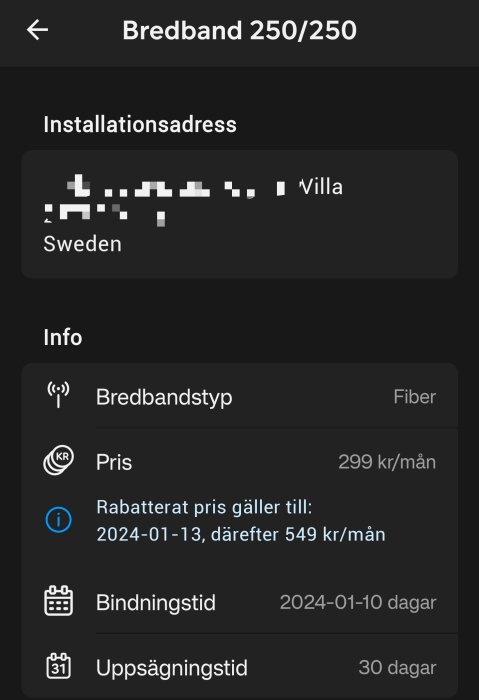 Skärmdump av bredbandsplan, fiber, priser, bindningstid och uppsägningstid på svenska.