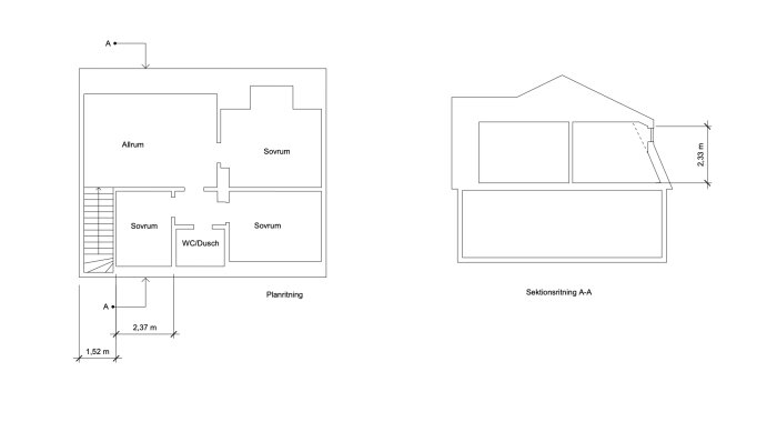 Arkitektoniska ritningar av ett hus, planvy och sektionsvy, dimensioner angivna, flera sovrum, allrum, WC/dusch.