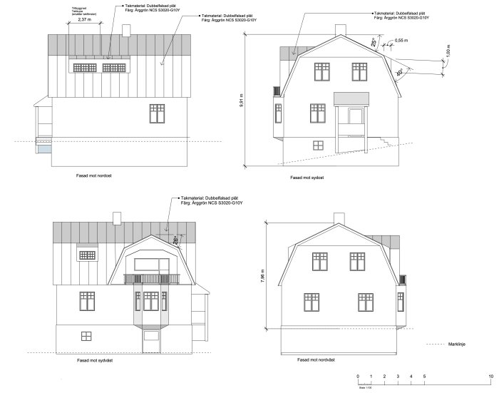 Arkitektoniska ritningar av ett hus från fyra olika vinklar med måttangivelser och färgkoder.