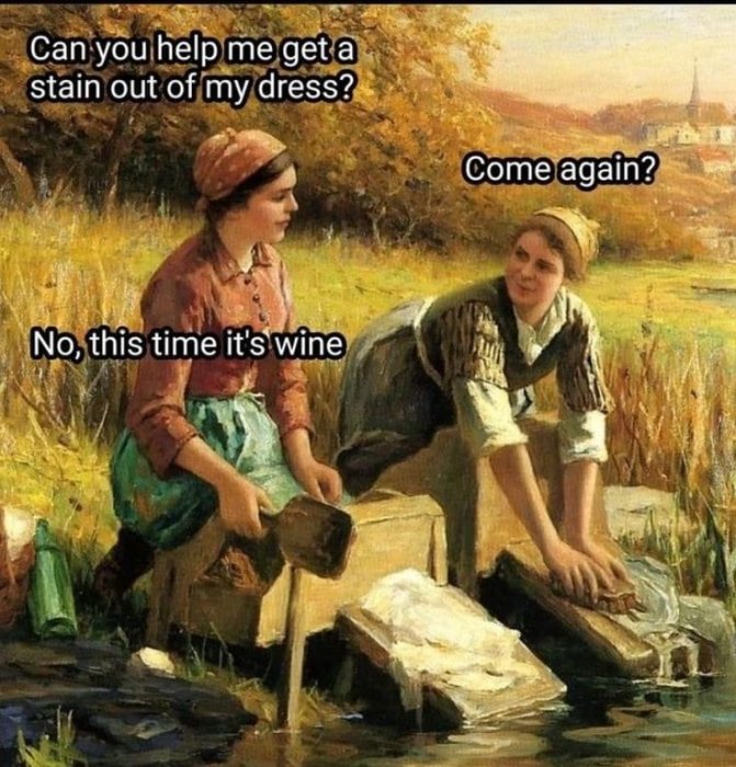 Två kvinnor vid vatten, klassisk målning, moderna pratbubblor, humoristiskt ordspel om vinfläck.