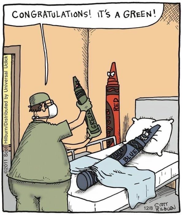 Färgkritor i skämtsam förlossningsscen, "grönt" istället för baby, ordlek.