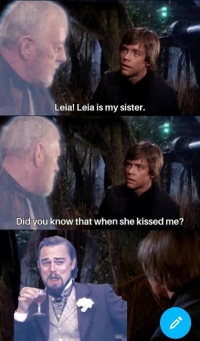 Humoristisk bildserie med tre rutor, interaktion mellan karaktärer, förvånad uttryck, referens till känd filmscen.