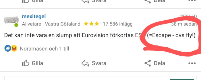 Skärmbild av sociala medier-kommentar om Eurovision-förkortning med tolkning; innehåller gillningar och användarinformation.