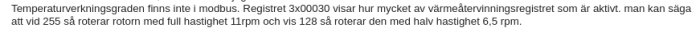 Teknisk text om värmeåtervinning, registerstatus och rotorns rotationshastighet på svenska.