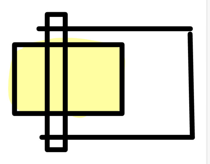 Geometrisk illustration; svarta linjer och gula rektanglar, liknar stiliserad ritning eller symbol.