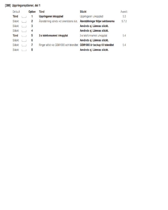 Dokument med tekniska inställningar, uppringningsalternativ, svenska, svartvit, tabelldata, instruktioner.