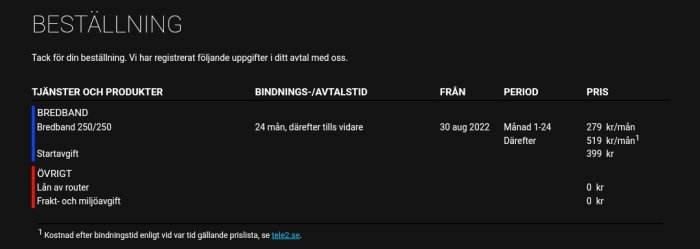 Skärmdump visar ordrebekräftelse för bredbandstjänst med pris och bindningstid uppdelat i kategorier.