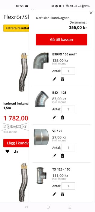 Skärmdump av webbutikskorg med rör och rördelar, totalpris 356 svenska kronor.