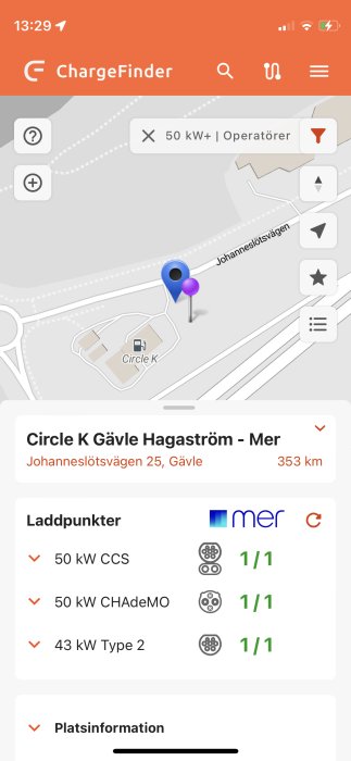 Skärmdump från ChargeFinder-app med karta, laddstationer vid Circle K Gävle, laddtyper och tillgänglighet.