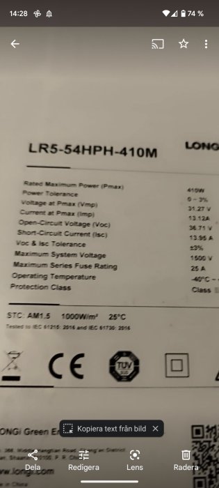 Teknisk specifikation för solpanel, modell LR5-54HPH-410M, inkluderar effekt och spänningstillstånd.