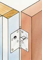 Illustration av en dörrgångjärn mellan två träytor, teknisk detaljvy, skruvar, metallbeslag.