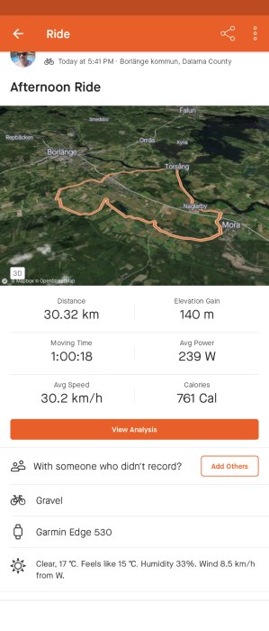 Cykeltur i Borlänge, Dalarna, 30,32 km avstånd, 140 m höjdskillnad, fina väderförhållanden.