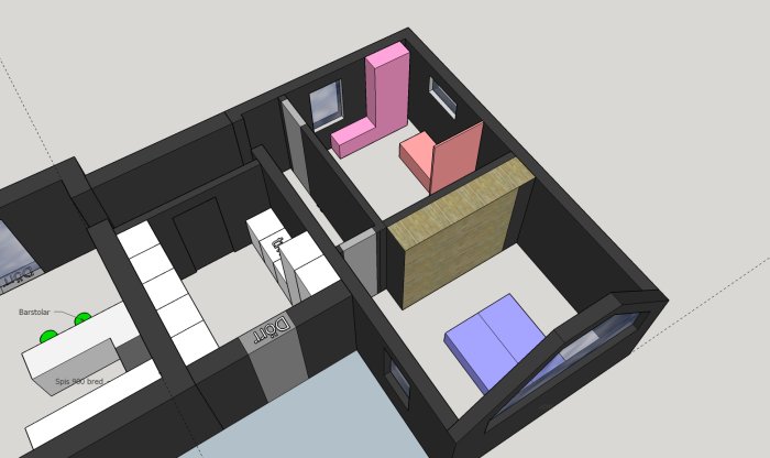 3D-modell av ett modernt, minimalistiskt inrett hem med etiketter på svenska.