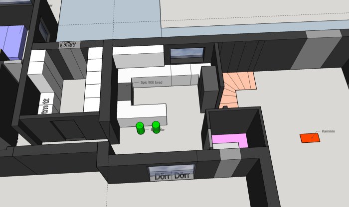 3D-ritning av en interiör layout för ett hus med kök, trappor och möbler.