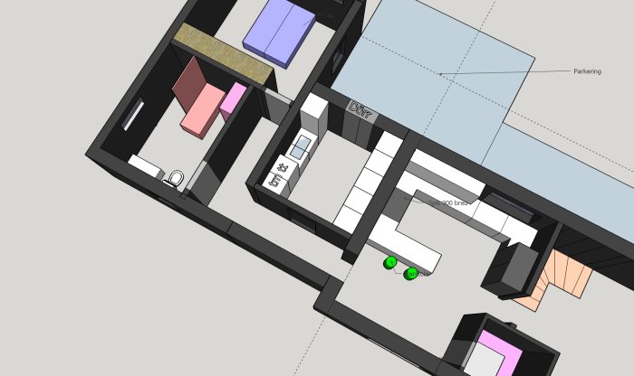 3D-ritning av lägenhetsplan, möblerad, inkluderar kök, vardagsrum, sovrum, badrum, parkering.