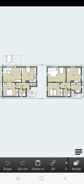 Ritnings-app visar tvåvåningshusets planlösning med möblering, verktygspanel nedtill.