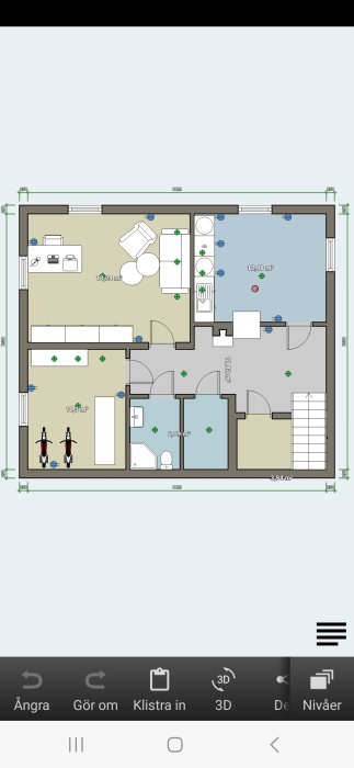 Digital ritning av lägenhet med möbler. Visar rumsindelning, storlek, och inredningslayout.