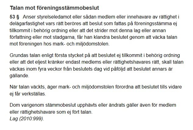 Svensk lagtext om överklagande av föreningsstämmobeslut, Lag (2010:999).