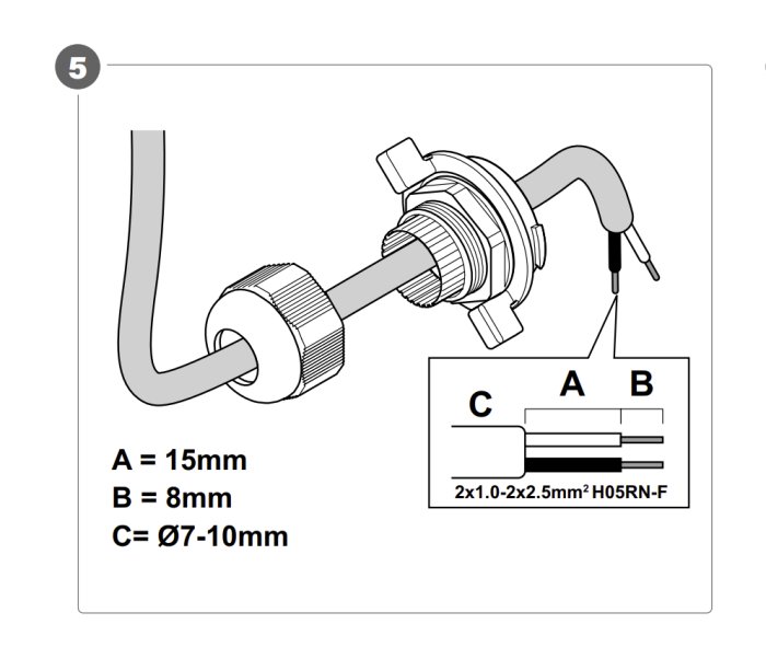 Instruktionsbild för montering eller kablage med måttangivelser och specifikationer för komponenter eller kablar.