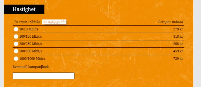 Svensk webbsida, internetabonnemang olika hastigheter, prislista, orange bakgrund, kampanjkodsområde, knapp för hjälpguide.