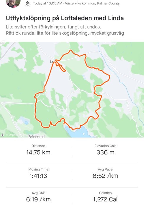 Skärmavbild av löptur, 14.75 km, höjdvinst 336 m, tid 1:41, landsbygd, kartöversikt, träningsdata.