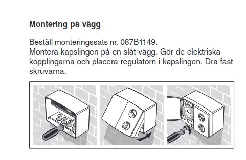 Illustration av väggmontering av en apparat, med steg-för-steg-instruktioner och verktyg.