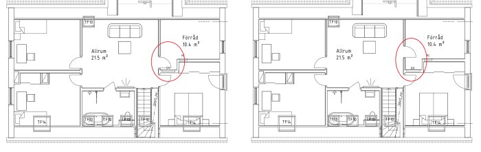 Två ritningar över en våningsplan, spegelvända, med markerad ändring vid förvaringsrum.