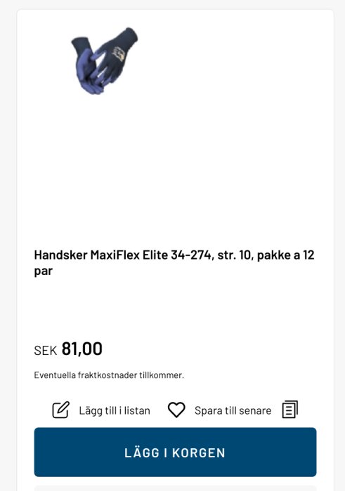 Blå och svarta arbetsvantar, MaxiFlex Elite, storlek 10, 12 par, pris SEK 81,00, knapp för köp.