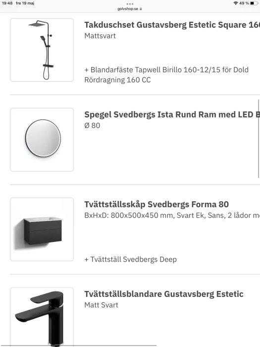 Badrumstillbehör: duschset, spegel med LED, tvättställsskåp och blandare. Text på svenska, sannolikt från en webbshop.