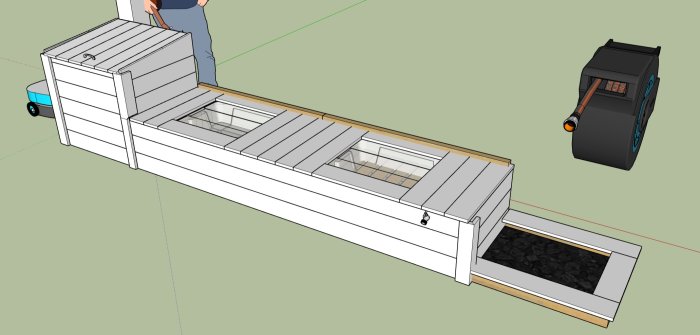 3D-modell av utomhuskök med grillplats, diskbänkar, förvaring och en person samt en mobil vedeldad pizzaugn.