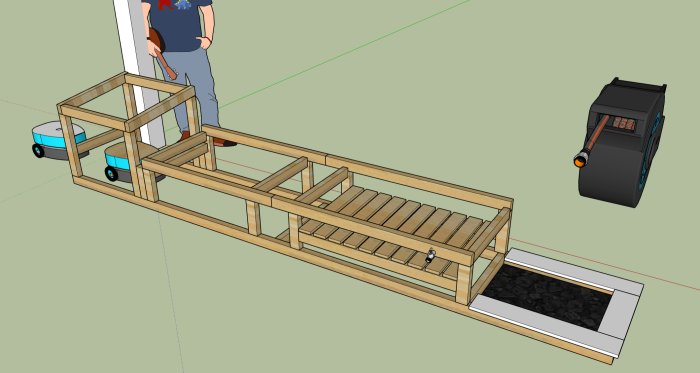 3D-modell av trästruktur med person, leksaksbilar och svart ugn, möjligen designskiss eller koncept.