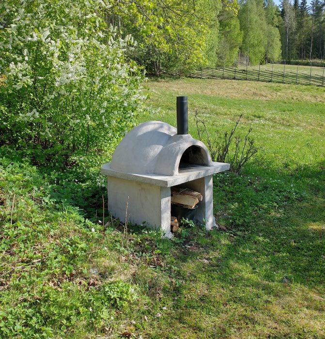 Utomhus vedeldad pizzaugn i trädgård med grönska och staket i bakgrunden.