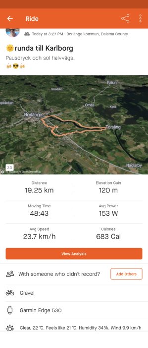 Cykelrutt i Borlänge, 19,25 km, 48:43 minuter, 120 m höjdökning, 683 kalorier förbrukat, fint väder.