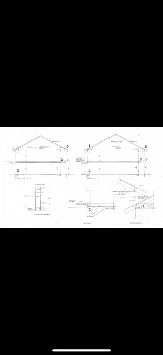 Arkitektoniska ritningar av en byggnad med snitt och fasadvyer, inkluderar mått och konstruktionsdetaljer.