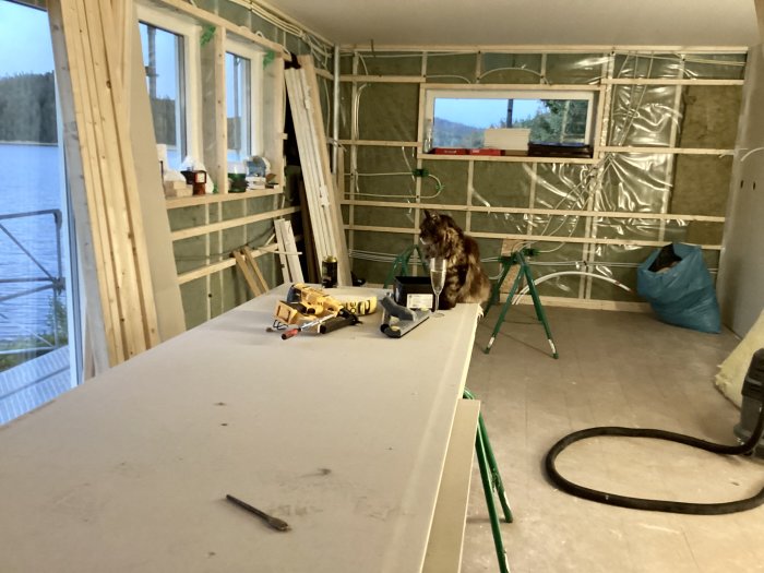 Renoveringsrum med verktyg, katt på bord, isolering synlig, sjöutsikt genom fönster.